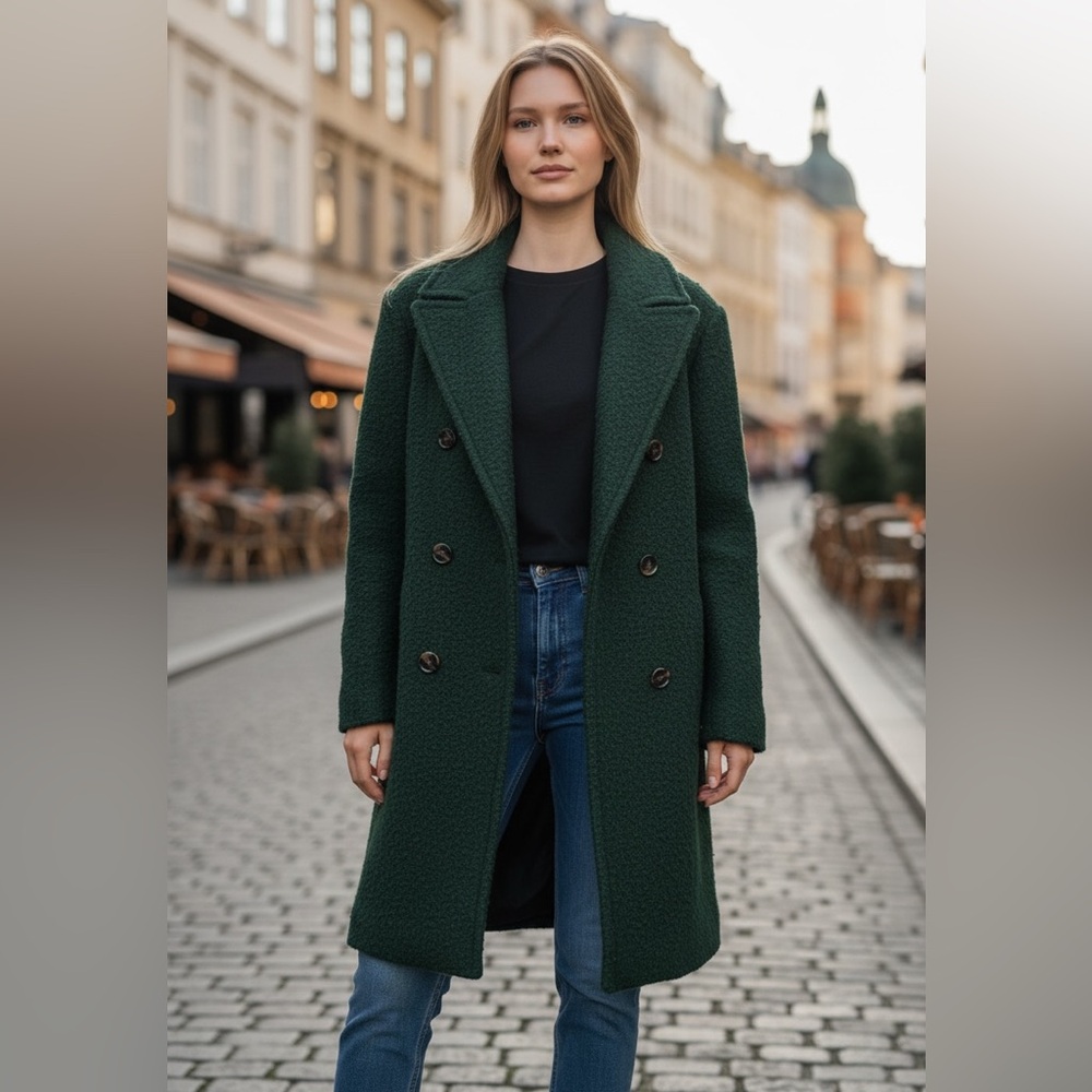 NWOT BCBGeneration Double Breasted Bouclé Long Teddy Coat In Forest Green Large
